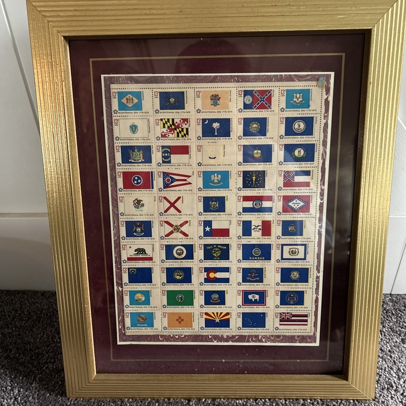 Vintage 1976 USA STATE FLAG STAMP SHEET-FRAMED-50 Stamps-Office, Man Cave Decor
