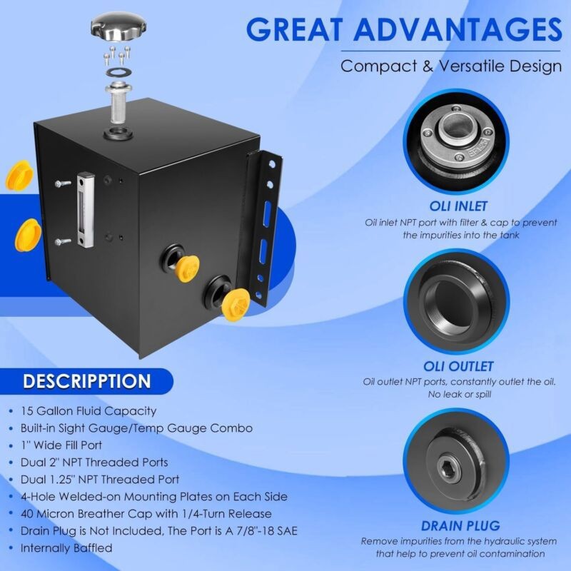 15-Gallon Hydraulic Fluid Reservoir Tank 14 Gauge Steel Oil Tank with Fill Cap