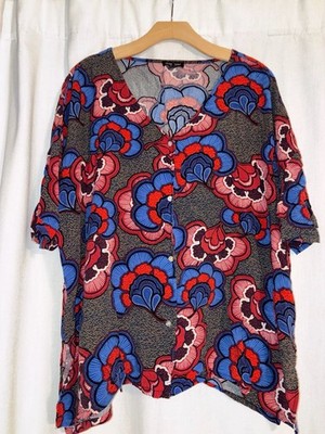 Dear John Floral Print V-Neck Button Down Short Sleeve Blouse Size XL