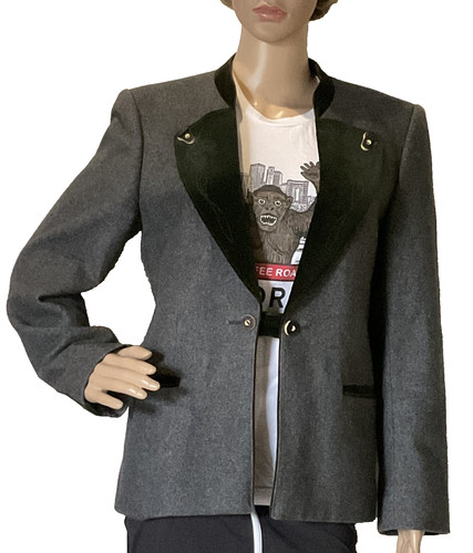 Steinbock, Steinbock Wool Blend Grey w/Dark Green Velvet Blazer Size Medium Made in Austria
