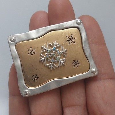 Winter Snowflakes Two Tone Gold Silver Rectangle Brooch Pin