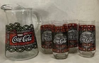 1970s Retro Vintage Coca-Cola Pitcher & 4 Glasses Set Stained Glass Style