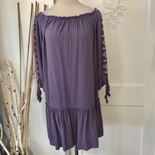 Womens Hippie Boho Embroiderd Off Shoulder Tunic Dress XXL/2X Purple Ruffle Hem