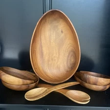 7  Piece Monkey Pod Salad Set Vintage Serving Bowl 4 Salad Bowl & Utensils Wood