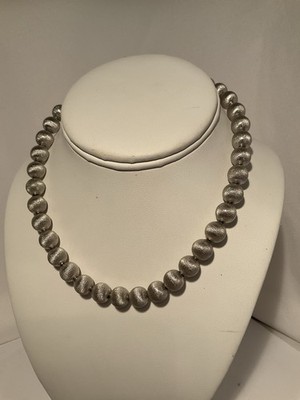 Vintage Monet Necklace Brushed Silver Tone Collar Beaded Signed Round Hook Clasp