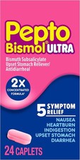 Pepto Bismol Ultra Caplets, 5 Symptom Relief for Upset Stomach, 24 Ct