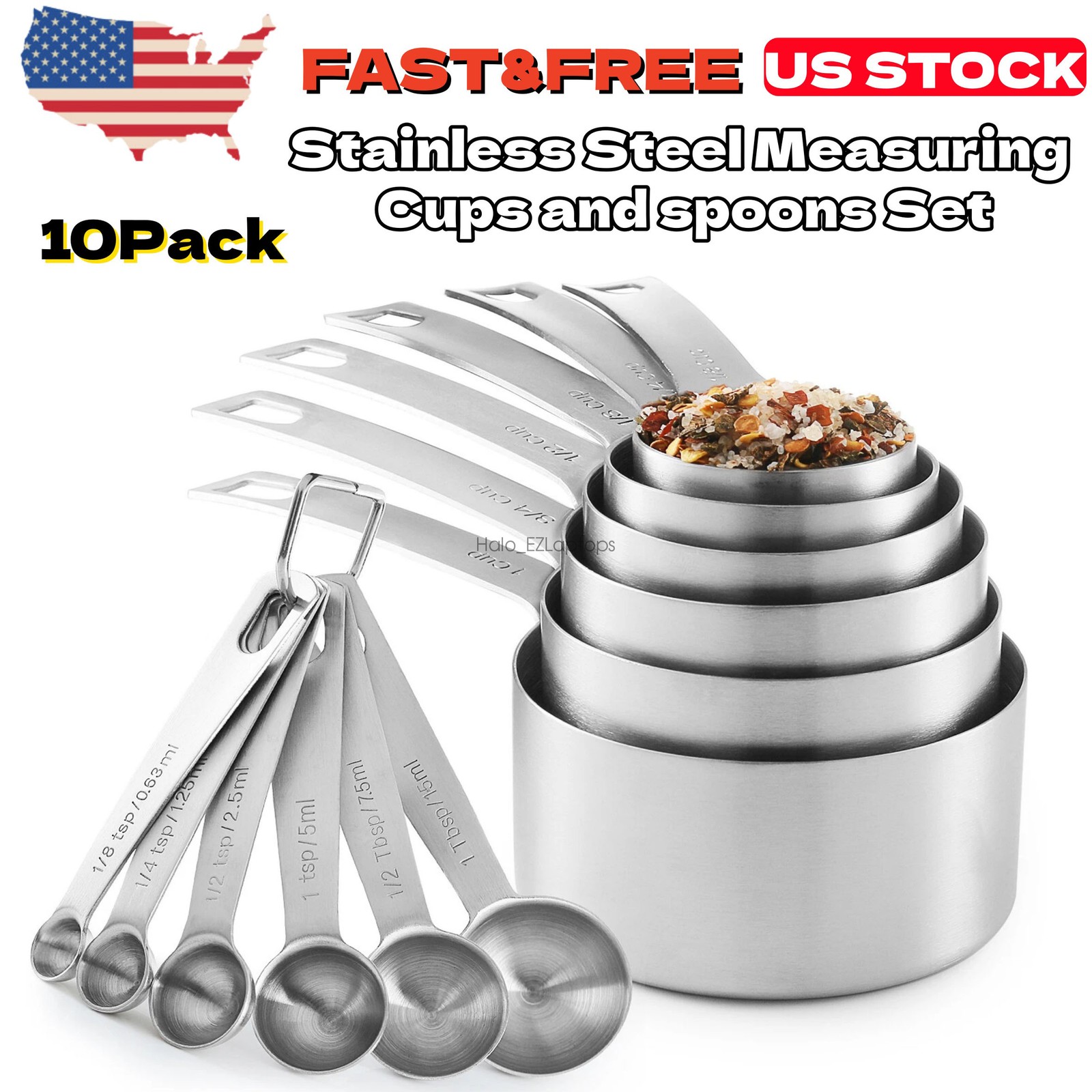 A Set of 10 New Stainless Steel Measuring Cups and spoons Se