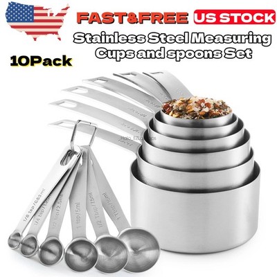 A Set of 10 New Stainless Steel Measuring Cups and spoons Set EASY SCOOPING