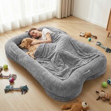 Large Human Size Dog Bed with Pocket, Washable Faux Fur Pet Mat, Beige US