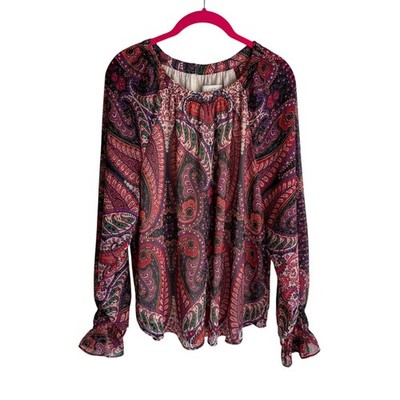 LOFT Pink Paisley Stripe Smocked Cuff Ladies Blouse, L