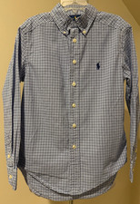 RALPH LAUREN Boys Navy Blue White Long Sleeve Button Down Shirt - Sz 8