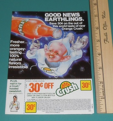 Vintage 1980s Orange Crush Soda Coupon Print Ad Alien Outer Space Aliens