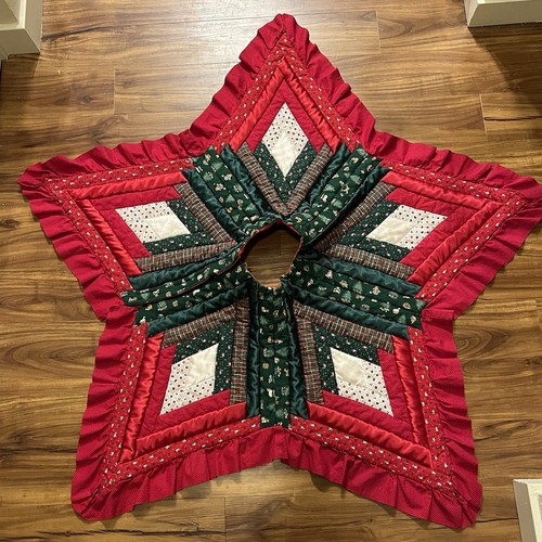 Vintage Quilted Star Mallard Ducks Christmas Tree Skirt Red Green White Quilt
