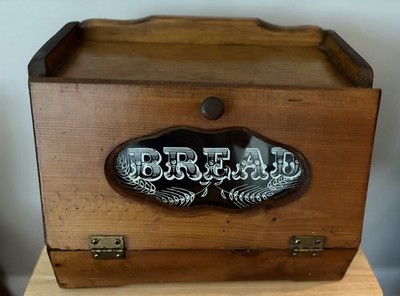 Vintage Wooden Bread Box w/ Wheat Glass Panel  Farmhouse Country Kitchen