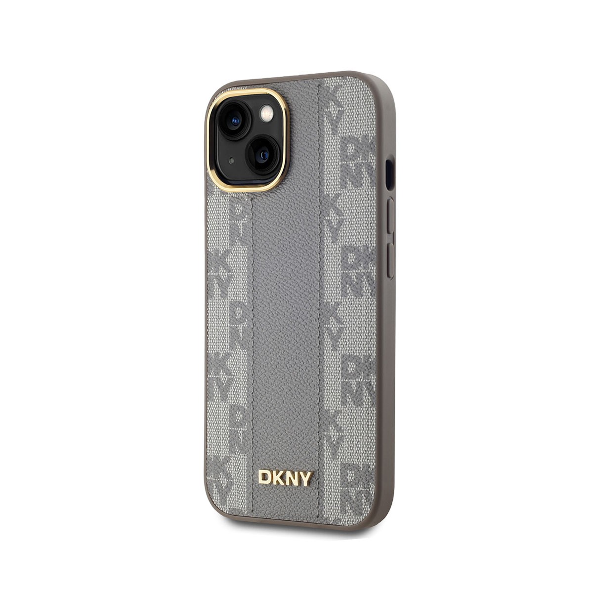 Coque DKNY pour iPhone 15 en simili cuir à damiers chic noir et or
