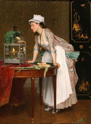 Art Oil painting Joseph Caraud - Beautiful young lady with The Pet bird Canaries
