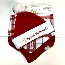 "My first Christmas" Santa Hat, (2) Bandana Bibs: Plaid, Solid Red NEW