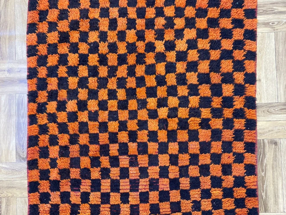 Handmade Checked Runner Rug,Solid Carpet,Living Room Rug,Berber Check Area,3x7ft - Image 4 of 4