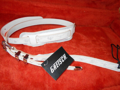 GRETSCH GUITARS WHITE TOOLED AND JEWELED LEATHER GUITAR STRAP FALCON PENGUIN