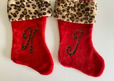 Personalized Christmas stocking with Monogram and Plush Fur Leopard print cuff