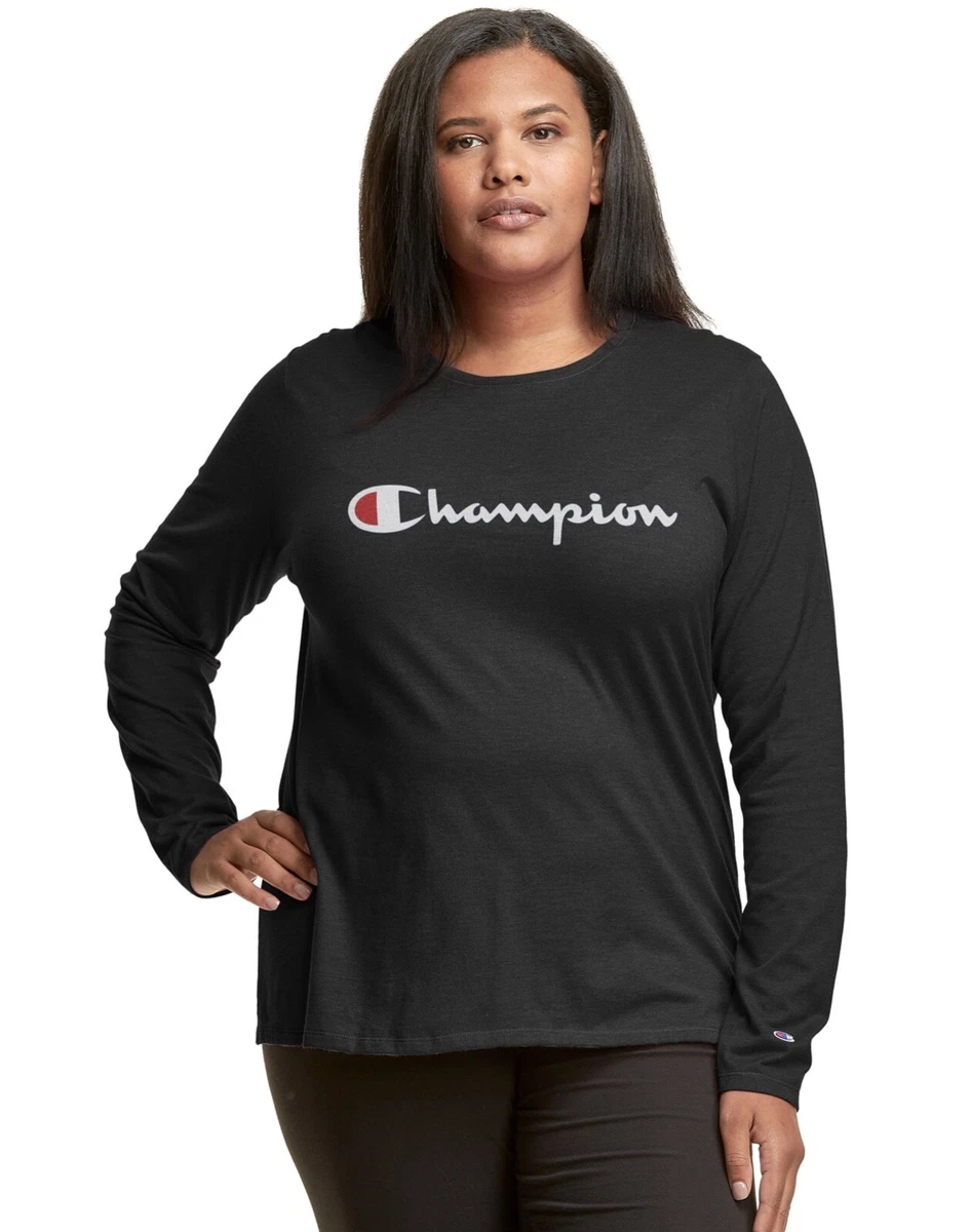 Champion T-Shirt Women's Long-Sleeve Logo Black Activewear Plus Size 1X NEW