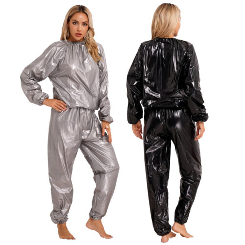Women's Sauna Suit Long Sleeve Top Pant Set Gym Workout Fitness Sweat Suit - Picture 1 of 28