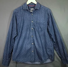 BARE DENIM Indigo Blue Batik Print Chambray Cotton Long Sleeve Shirt SZ: Medium