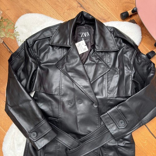 ZARA DOUBLE BREASTED BLACK FAUX LEATHER TRENCH COAT BELT Long size XS 4432 - Picture 9 of 19
