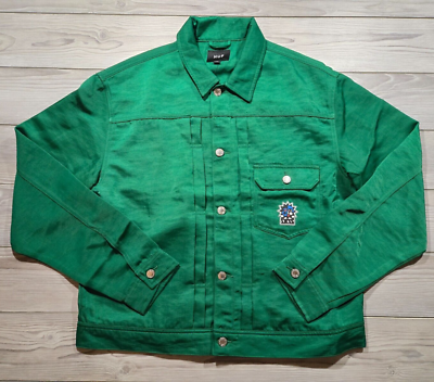 HUF Bennington Trucker Jacket Men's Sz M Clover Green Sun Logo