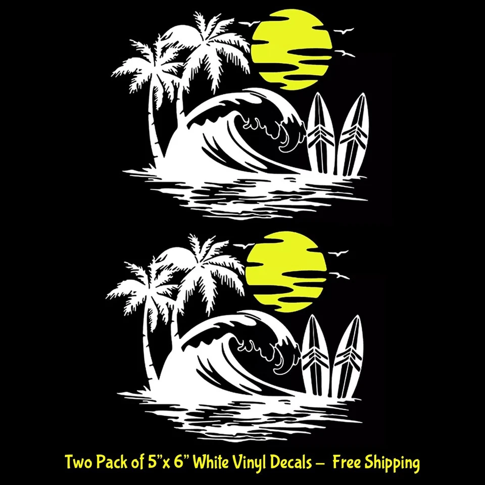 SIGNAGE CAFE Wave Surfing Beach Sunset Palm Trees Two PK 6" White Vinyl Decal Car Windows