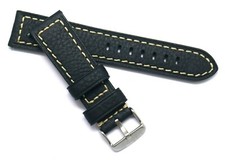 20mm or 22mm Black Oily Cowhide Leather Beige Stitching Watch Band Silver Buckle