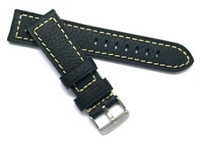 20mm or 22mm Black Oily Cowhide Leather Beige Stitching Watch Band Silver Buckle