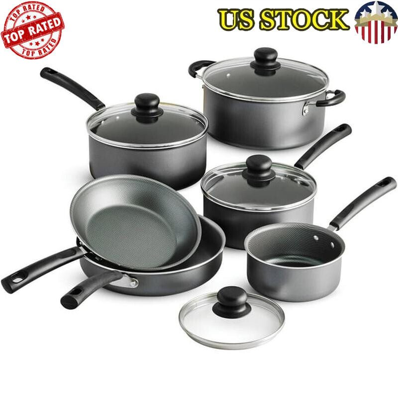 10 Piece Nonstick Cookware Set Dishwasher Safe Stay Cool Handles Glass Lids New