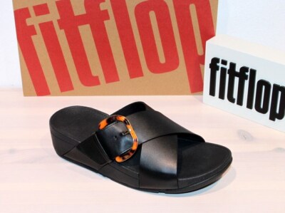 FITFLOP Fußbett Sandale Leder Wedges Sandalette LULU Resin-Buckle Black - Neu !