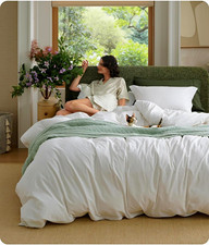 Bedsure 100 Washed Cotton Duvet Cover Super King Size - Natural White Minimalis