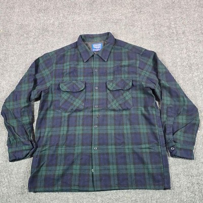 VTG Pendleton Board Shirt Mens Large Green BlackWatch Tartan Wool Loop Collar