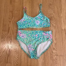 Art Class Green Leopard Floral Two Piece Bikini Swimsuit Girl's Size L 10/12