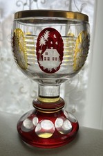 Bohemian Glass Goblet Ruby & Amber Flash Panels Etched w/Gold Rim 6.5” tall