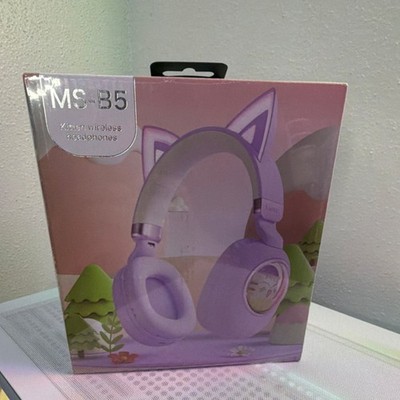 MS-B5 Wireless & Wired Cat Ear Headphones, RGB Lighting, Foldable, Purple/White
