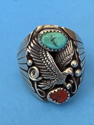 Navajo Running Bear Sterling Silver Turquoise Red Coral Eagle Mens Ring Size 11