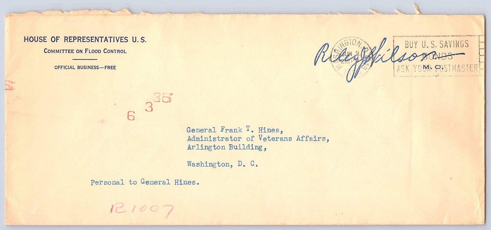 Washington, D.C., House Committee on Flood Control envelope — to General Hines