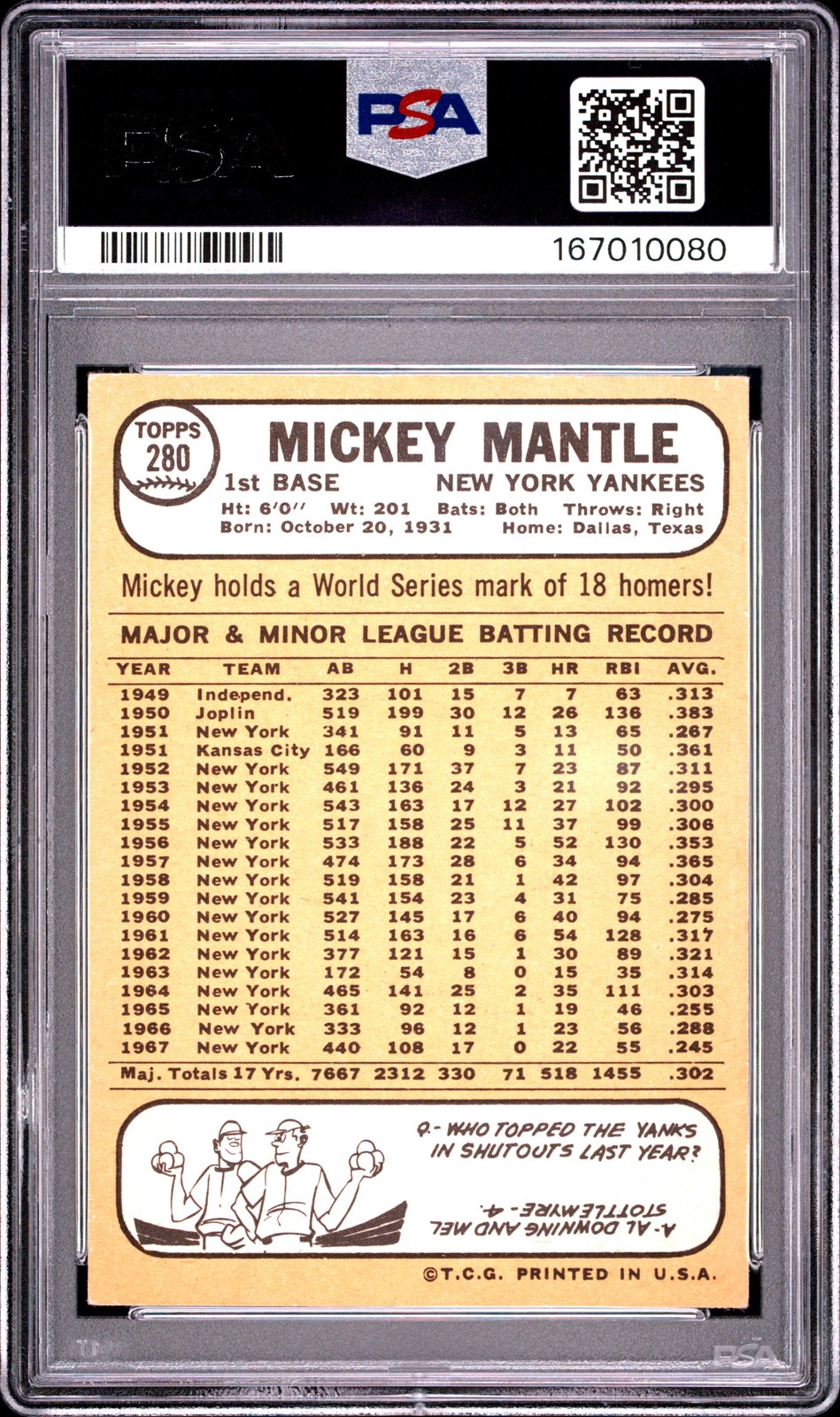1968 TOPPS #280 MICKEY MANTLE PSA 4 view 2