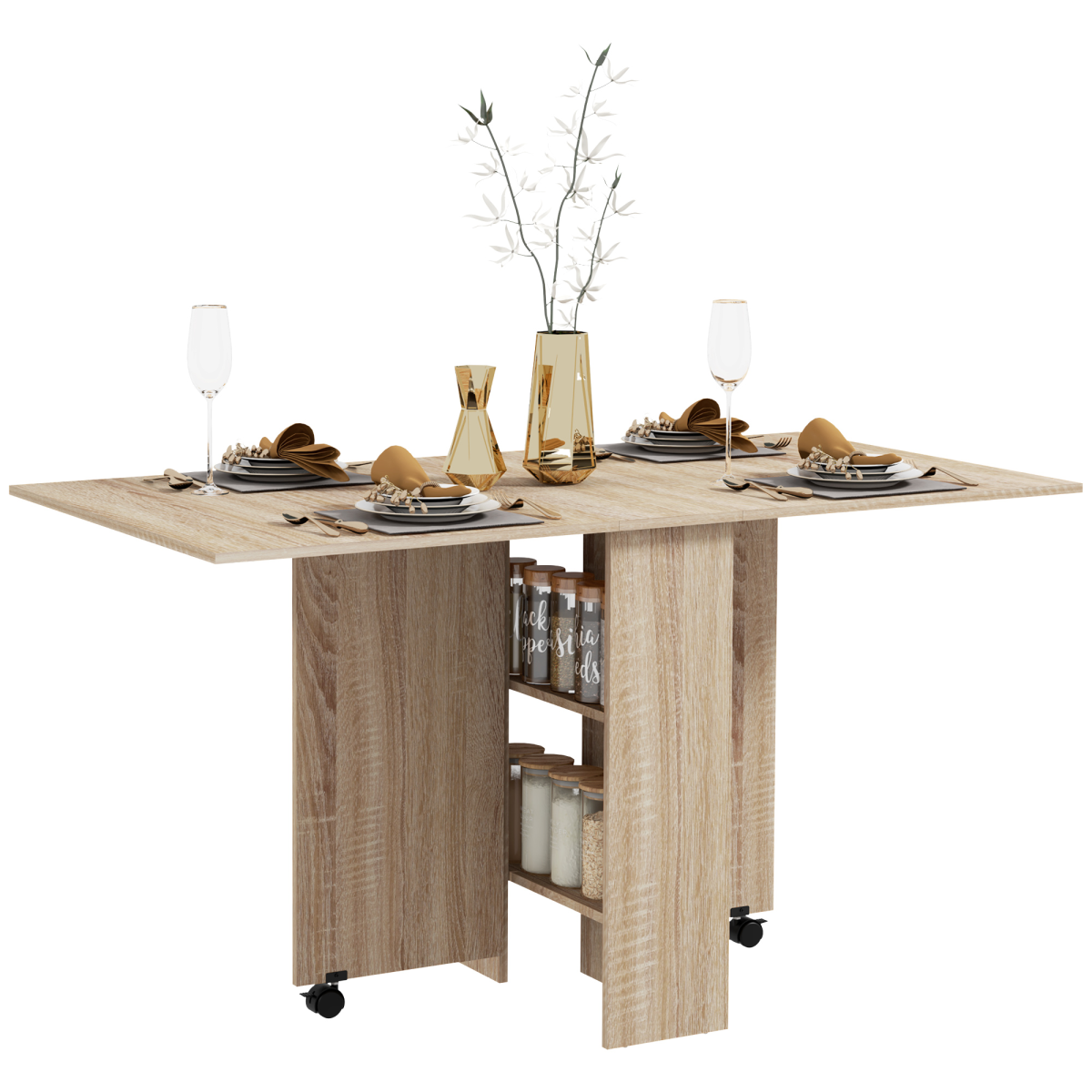 HOMCOM Rolling Drop Leaf Dining Table - Brown - Folding Kitchen Table With Shelves - Image 2