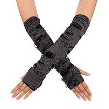 Womens Long Torn Ripped Goth Gloves Cosplay Fingerless Gloves Mittens for Black