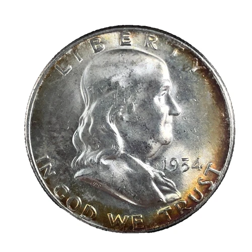 1954 D Franklin 50c Half Dollar Unc, FBL -  Rainbow Toned - 90% Silver Coin #36