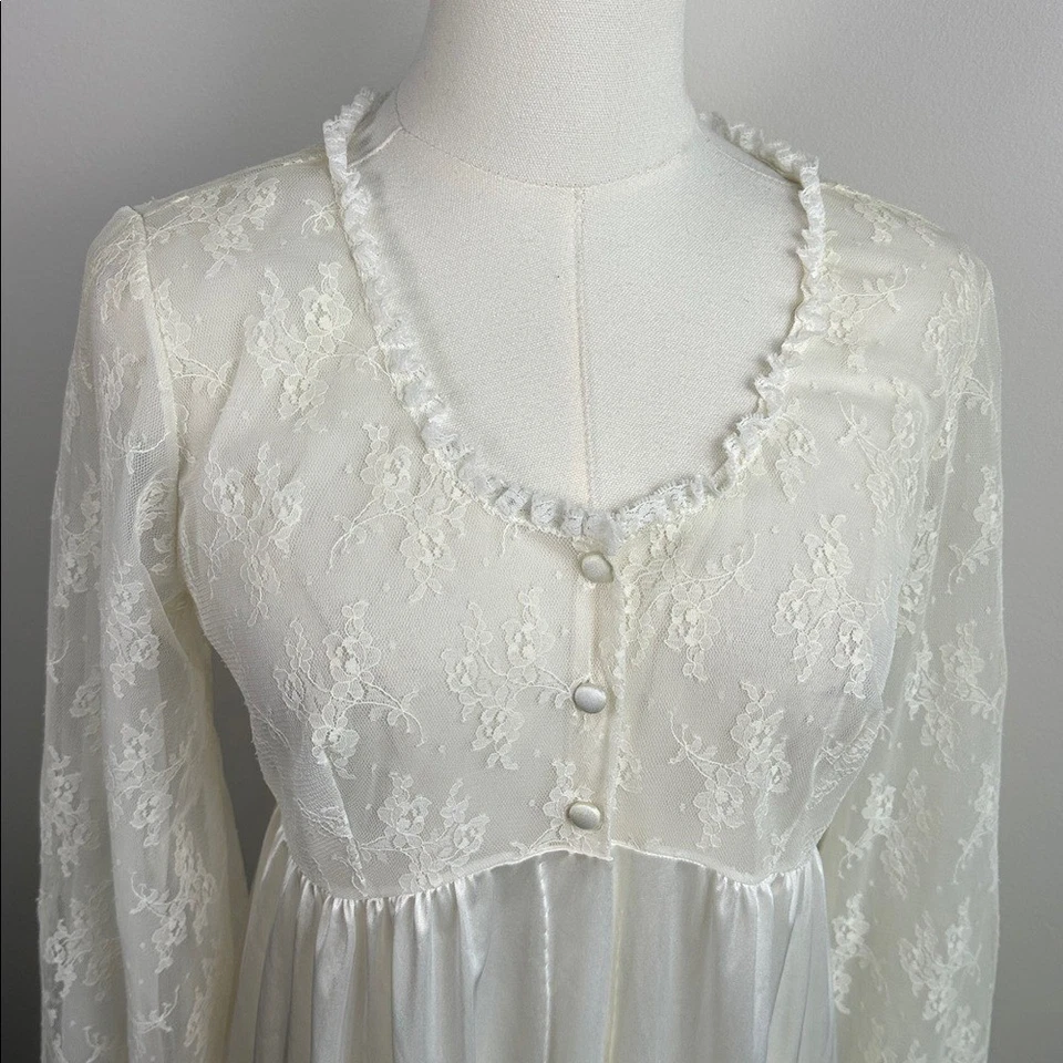 1960-е Винтажная Van Raalte Кружевная Кокетка Романтическая Ночная рубашка с Длинным Рукавом Цвет слоновой кости 34 Невеста - Изображение 2 из 4