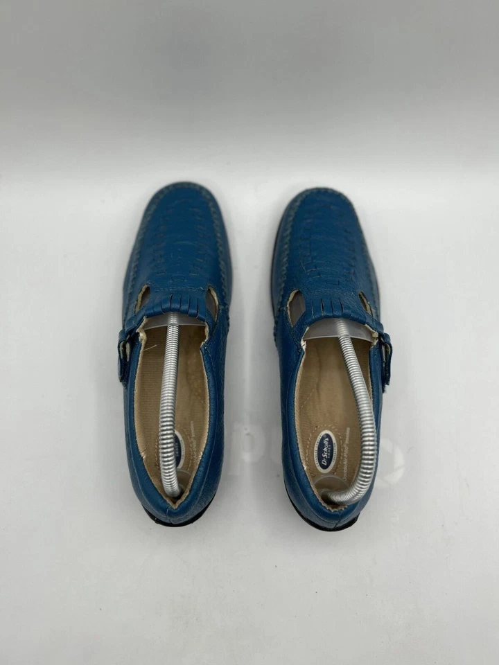 Mocassim Dr. Scholl's Feminino Tamanho 8.5 Couro Azul Conforto Caminhada Sapatos T-Strap - Imagem 4 de 4