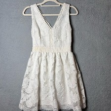 Soieblu Dress Womens Small Cream Deep V Neck Lace Overlay Sleeveless Dress NEW