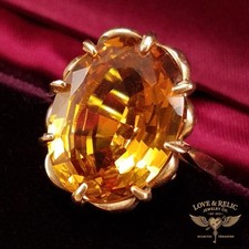 Vintage 10K Gold Yellow Sapphire Cocktail Ring Synthetic Whiskey Gem (10.5 CT)