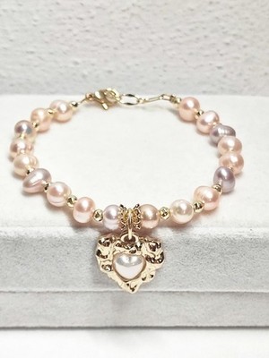 Armband Natürliche Süßwasserperlen, Herzanhänger vergoldet